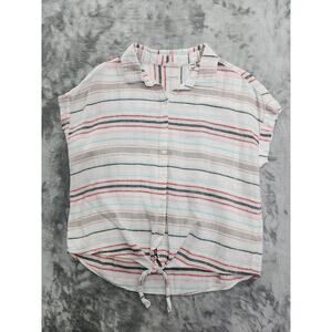 Weatherproof Vintage Top Womens S Striped Washable Linen Tie Front‎ Button Front